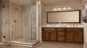 Brown Bathroom with Stand Up Shower and Sink