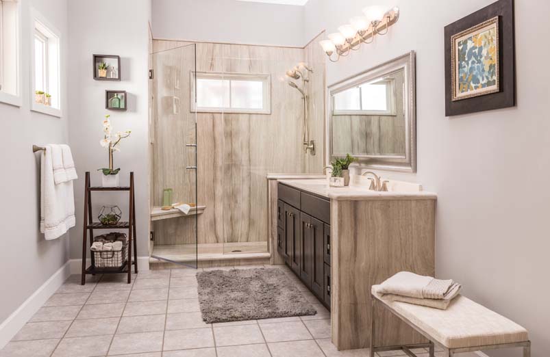 tan brown bathroom with standup shower