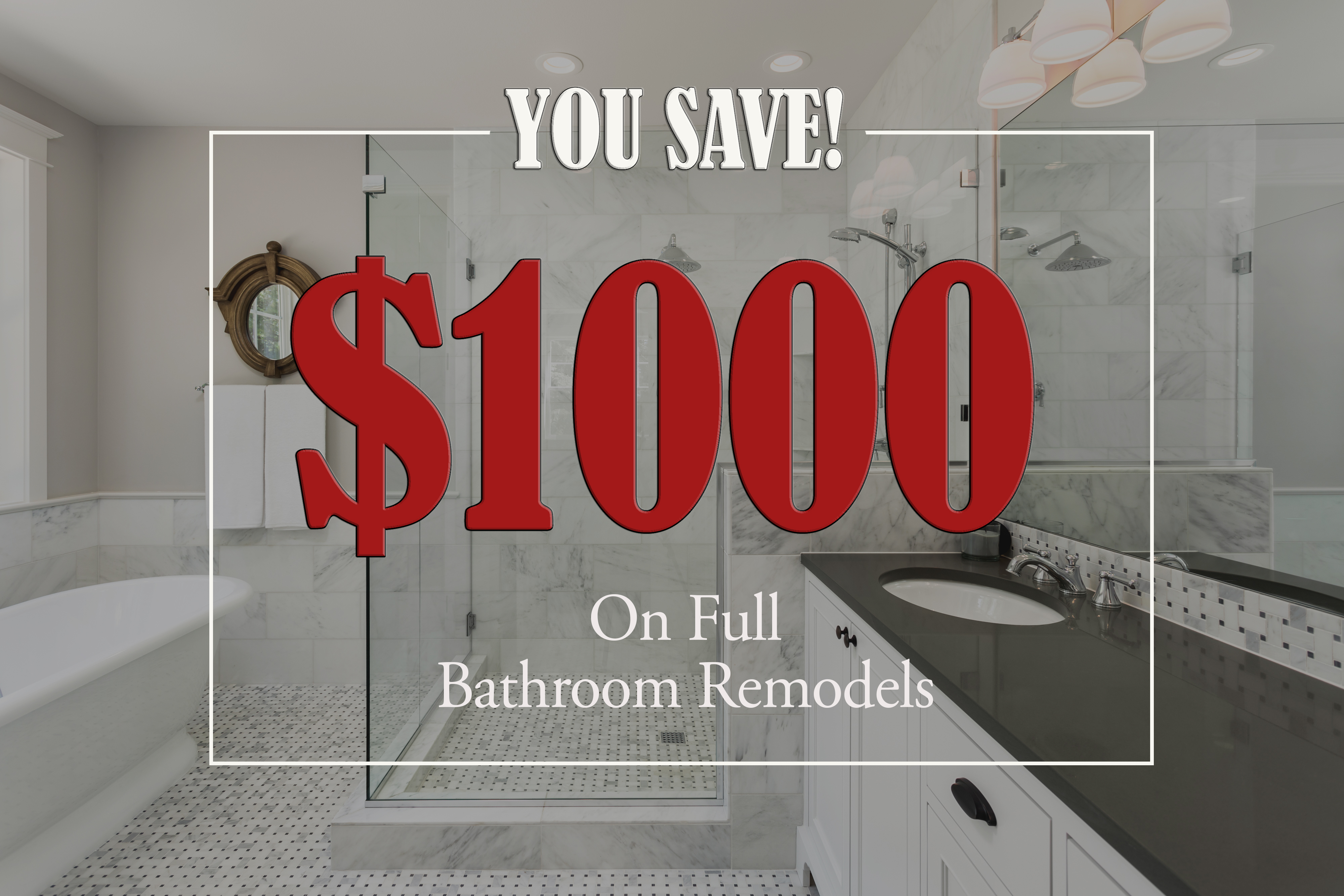 an image of a bathroom with red promotional text