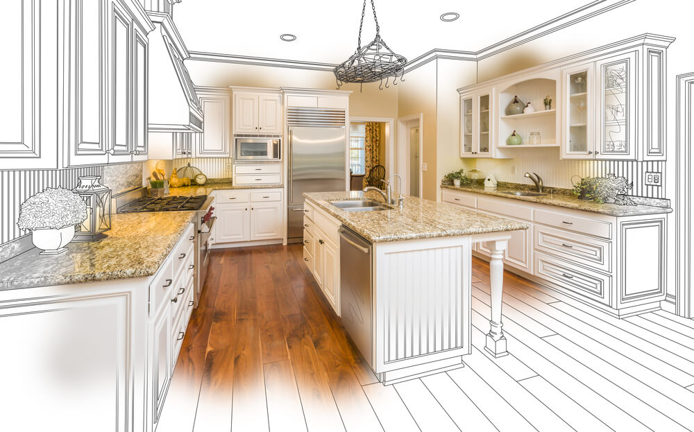 Drawing of a kitchen fading into a photo of the kitchen