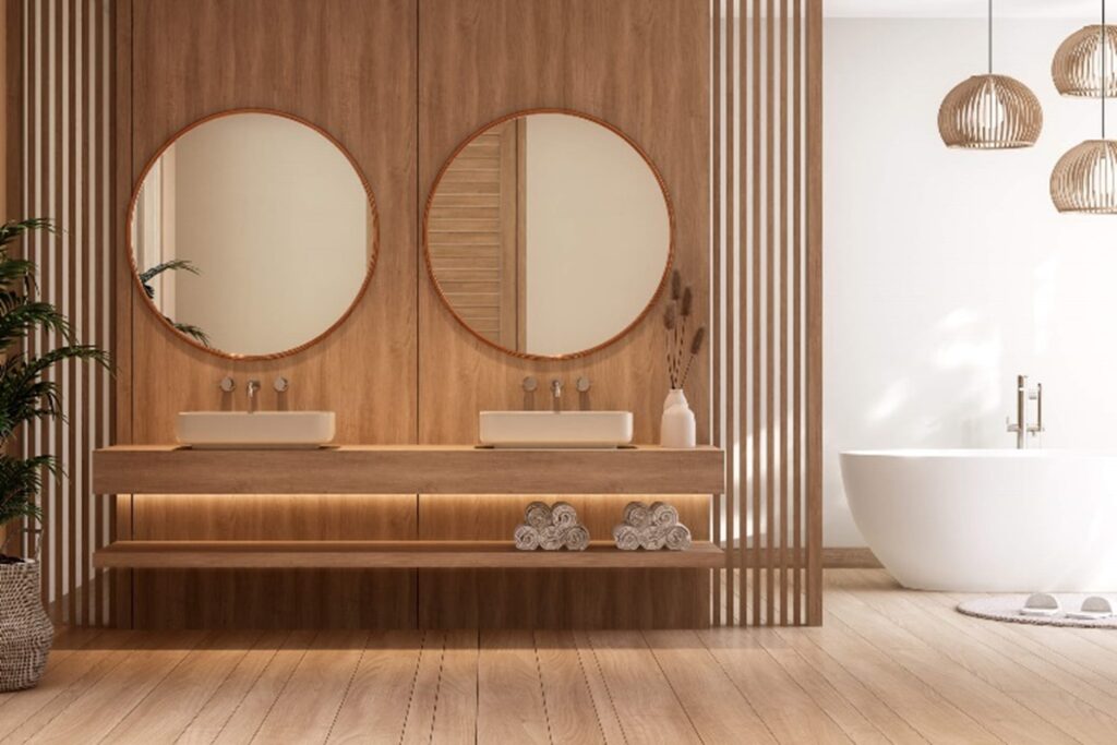 A bathroom with a tub and two mirrors