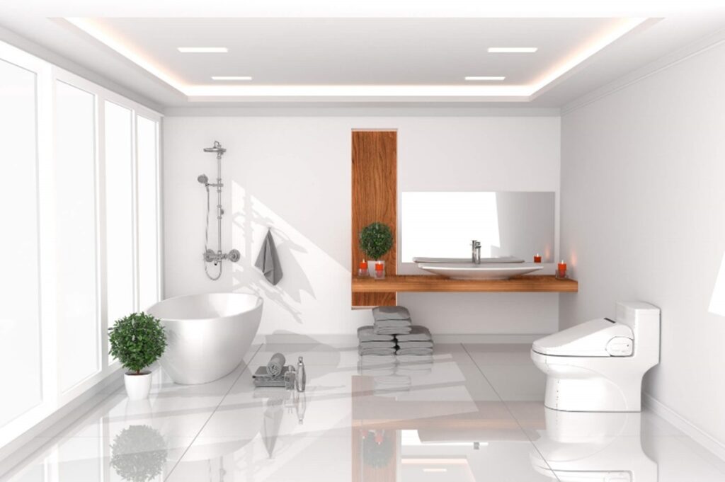 A modern minimal bathroom with a sink and toilet